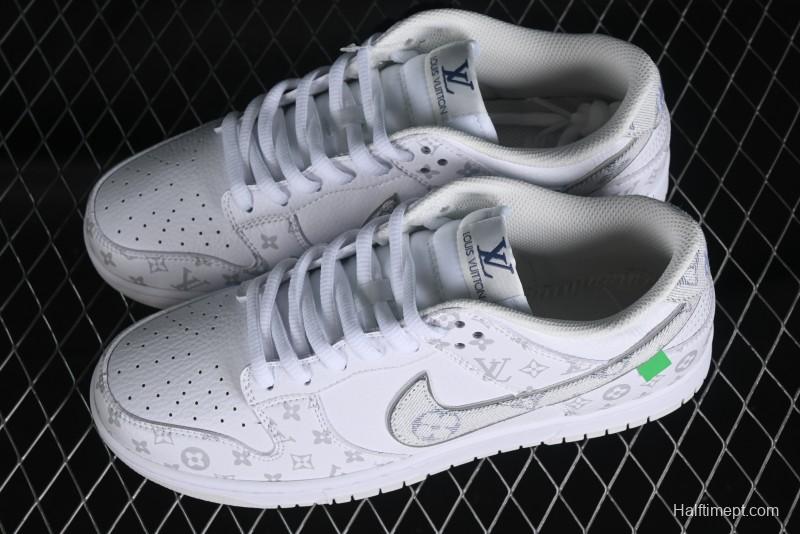 Nike SB Dunk Low Louis Vuitton Collaboration - White Grey Print High-End Custom Low-Top Casual Skate Shoes - LV0526-592