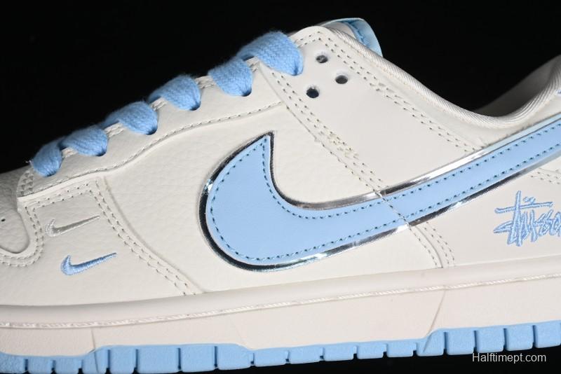 Stussy x Nike Dunk Low SB Skate Shoes in White with Light Blue Swoosh - DQ1098-380