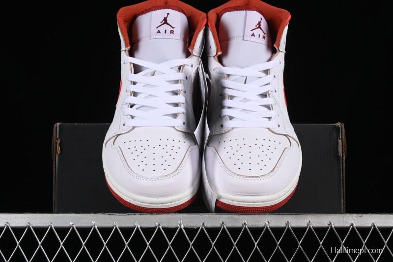 Nike Air Jordan 1 Mid Basketball Shoes in White/Orange/Red - FJ3458-160