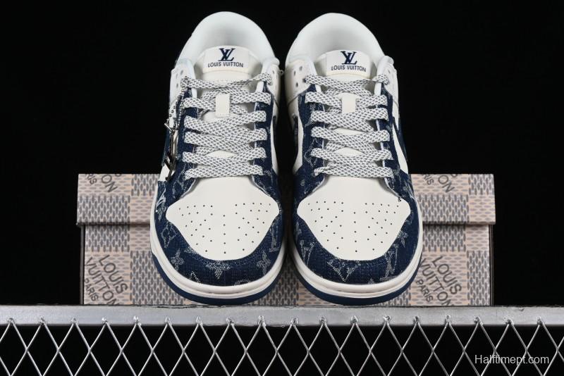 Nike SB Dunk Low LV Collaboration - Dark Blue Denim Anniversary High-End Custom Low-Top Casual Skate Shoes - XP3802-335