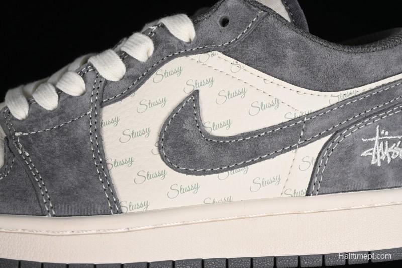 Nike Air Jordan 1 Low AJ1 Stussy Collaboration - Grey Pigskin Custom Low-Top Basketball Shoes - SJ9950-010