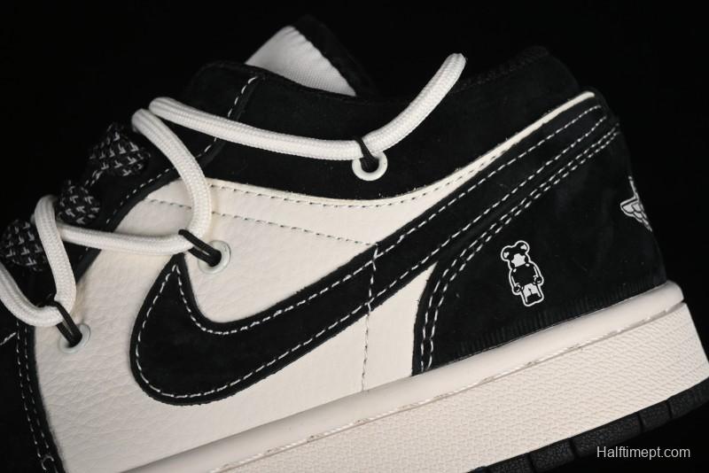 Nike Air Jordan 1 Low AJ1 x Violent Bear Collaboration - Black Beige Mark Line Custom Retro Basketball Shoes - SJ9950-013