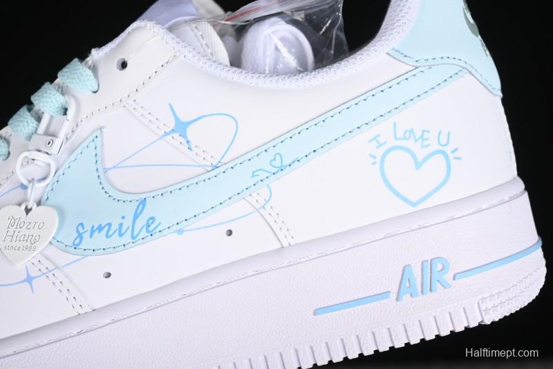 Nike Air Force 1 '07 Low Anime LOVE Series White Blue Spray Paint Casual Sneakers - CW2288-111