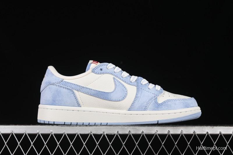 Nike Travis Scott x Fragment Design x Air Jordan 1 Low OG SP AJ1 Supreme Collaboration - Tie-Dye Blue Low-Top Casual Sneakers - CH6336-010