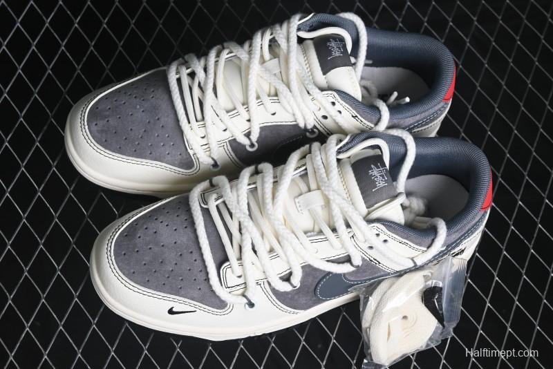 Nike SB Dunk Low Stussy Collaboration - Lace-Up Grey White Grey Check Anniversary High-End Custom Low-Top Casual Skate Shoes - YX5066-207