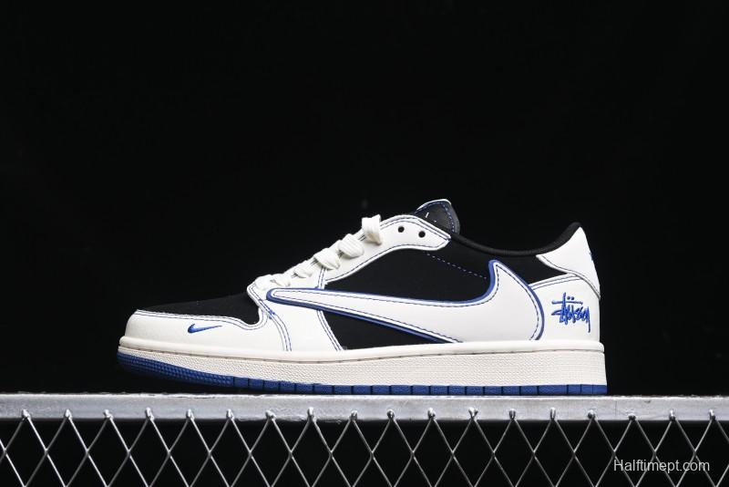 Nike Travis Scott x Fragment Design x Air Jordan 1 Low OG SP AJ1 Stussy Collaboration - Black Blue Line Low Top Casual Sneakers - SJ2068-113