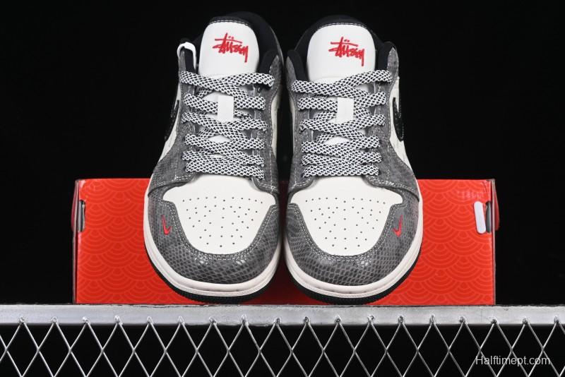Nike Air Jordan 1 Low Retro Basketball Shoes with Custom Stussy Grey Snake Design - FC1688-202