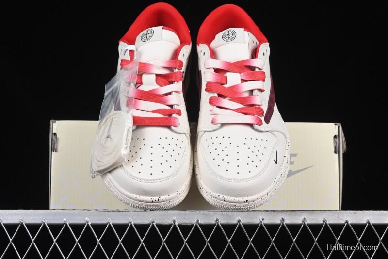 Nike Travis Scott x Fragment Design x Air Jordan 1 Low OG SP AJ1 Stone Island Collaboration Pomegranate Red Low-Top Casual Sneakers - CF3688-077