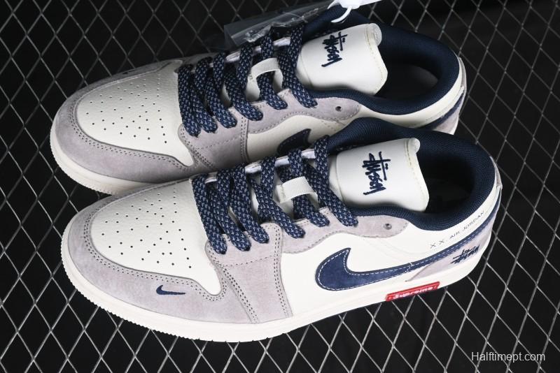 Nike Air Jordan 1 Low Stussy Collaboration Blue Suede Retro Basketball Shoes - SJ9950-035