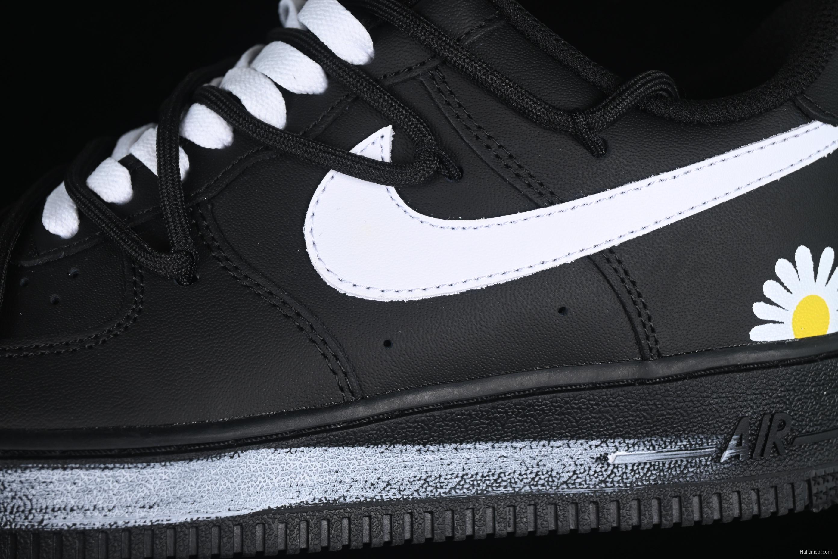 Nike Air Force 1'07 Low Casual Sneakers with 2D Daisy Black White Graffiti Hand-Painted Design - CK0316-063