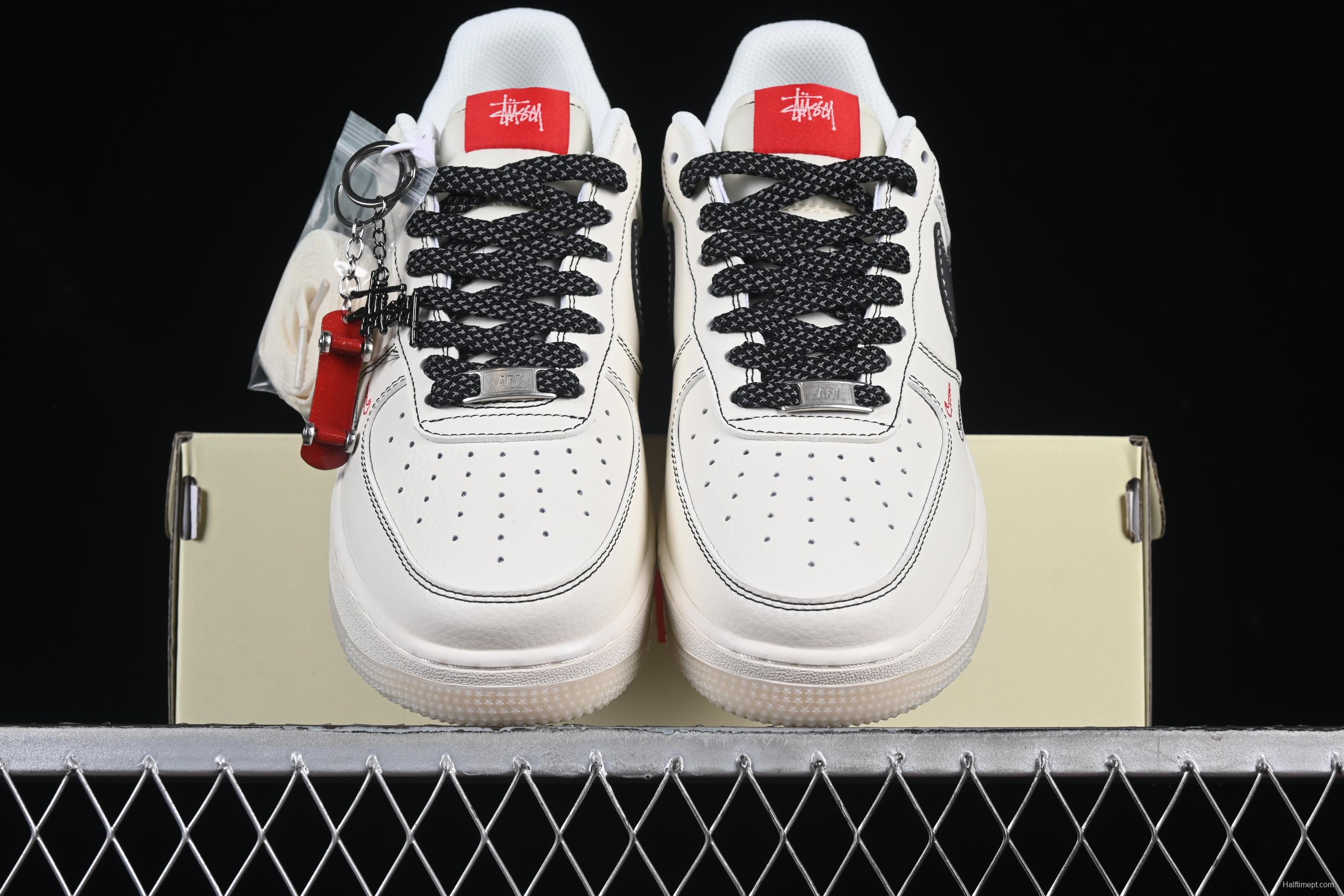 Nike Air Force 1 '07 Low Stussy Collaboration Black Dual-Tone Embroidery Casual Sneakers - HH7518-036