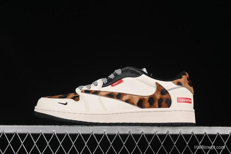 Nike Travis Scott x Fragment Design x Air Jordan 1 Low OG SP AJ1 Supreme Collaboration Leopard Print Low-Top Casual Sneakers - JJ2508-555