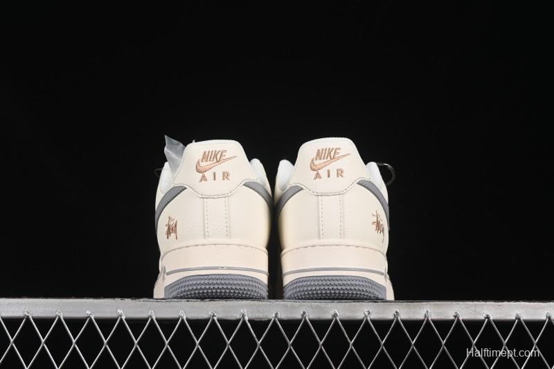 Nike Air Force 1 '07 Low Stussy Collaboration Gold Embroidery Grey Swoosh Casual Sneakers - XX3168-150