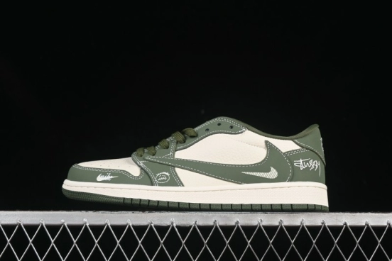 Nike Travis Scott x Fragment Design x Air Jordan 1 Low OG SP AJ1 Stussy Collaboration Oil Green Swoosh Low Top Casual Sneakers - XS2024-025