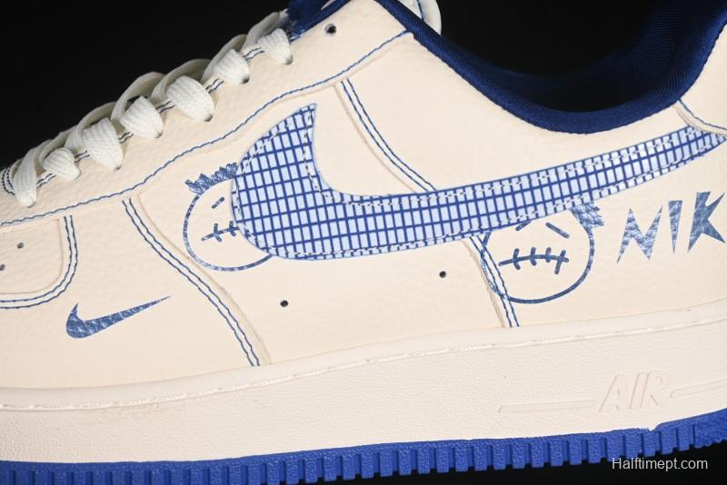 Nike Air Force 1'07 Low Casual Sneakers with Blue Line Ghost Face Design - DF0188-053