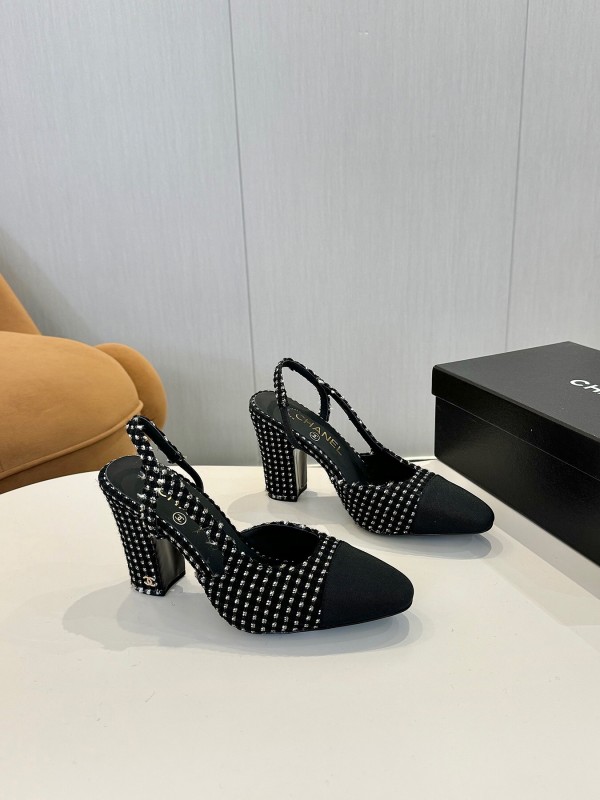 2025 Women Chanel Black White Tweed Leather Slingback Pumps