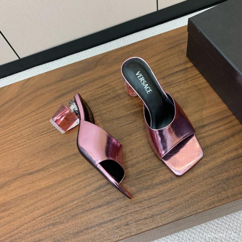 2025 Women VERSACE Pink Leather Slippers