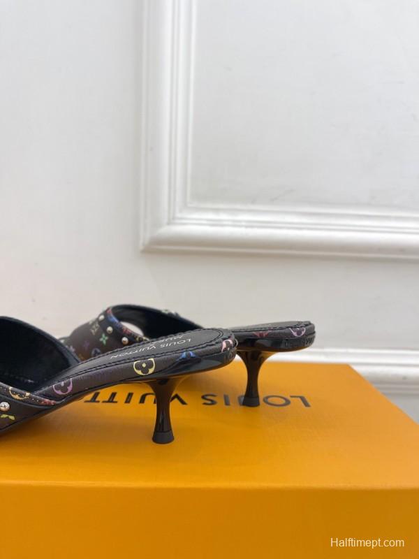 2025 Women Louis Vuitton Black Rainbow Leather Slippers KFY00290
