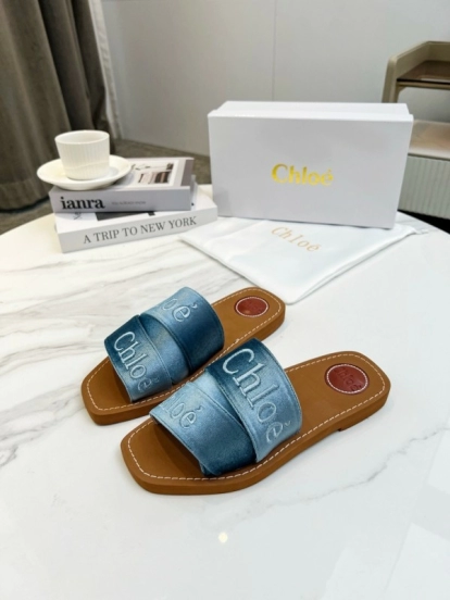 2025 Women Chloé Blue Denim Leather Slippers LY00200