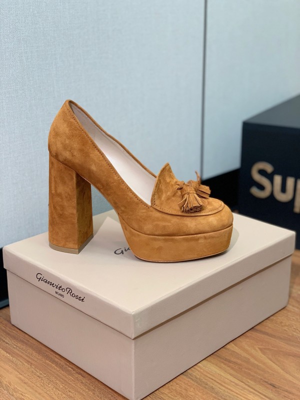 2025 Women Gianvito Rossi Brown Suede Platform Tassel Loafer