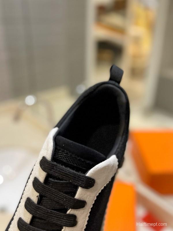2024 Unisex Hermès Black White Knitted Leather Sneakers