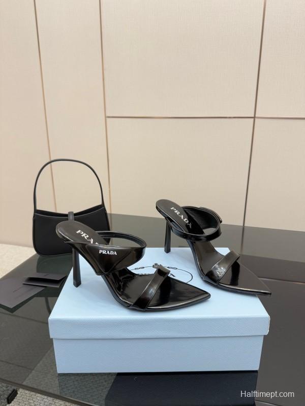 2025 Women Prada Black Leather Sandals