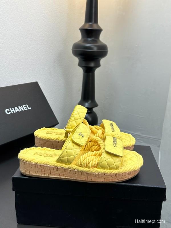 2025 CHANEL Yellow Quilted Fabric Slippers