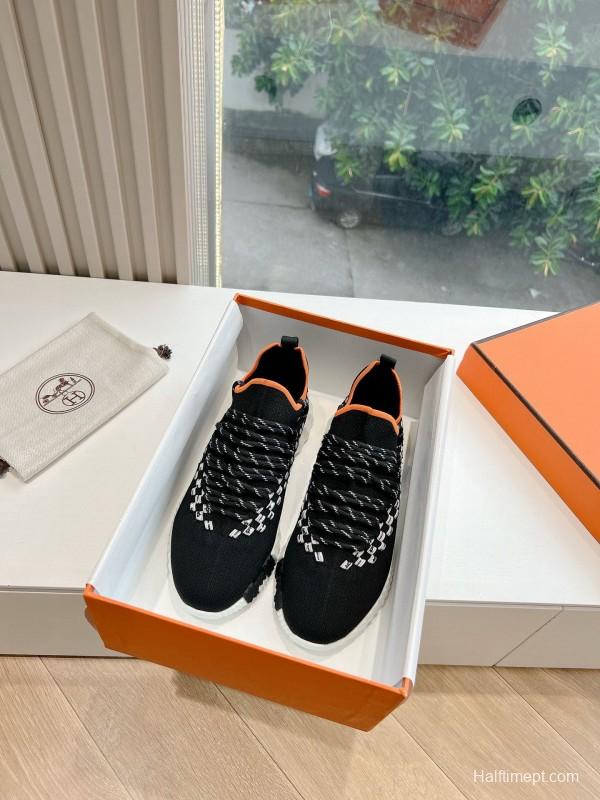 2024 Unisex Hermès Black White Orange Calfskin Suede Sneakers MJ00290