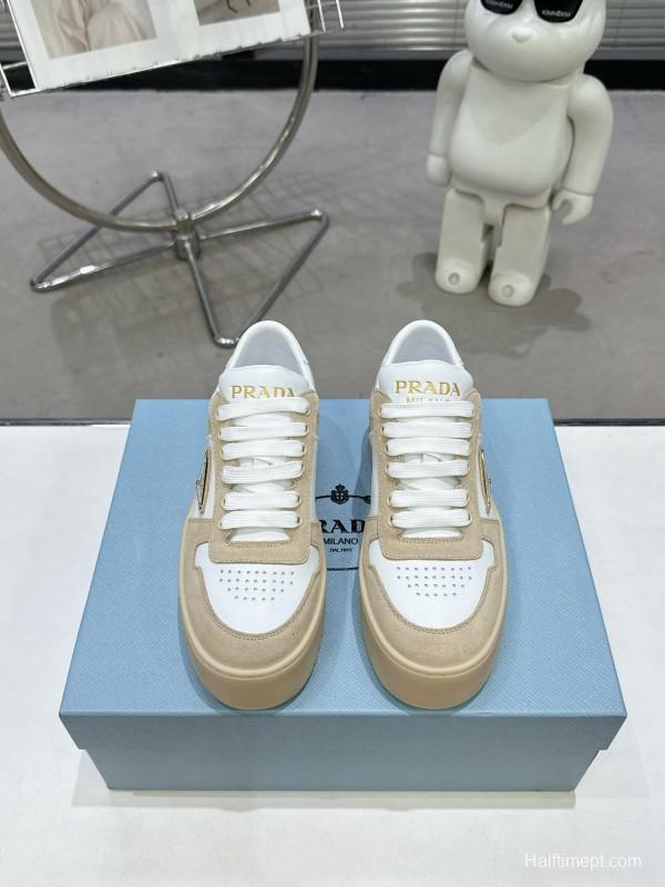 2025 Women Prada White Beige Leather Sneakers