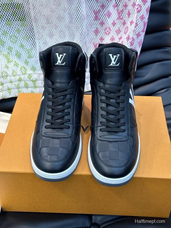 2024 Men Louis Vuitton Black White Leather High-Top Sneakers MJ00420