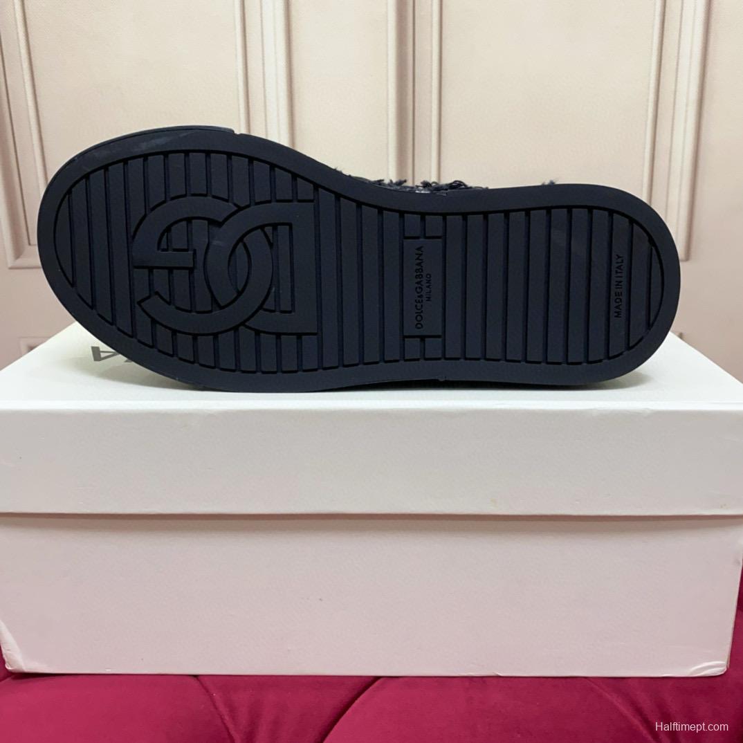 2024 Unisex Dolce & Gabbana Black White Wool Leather Sneakers MJ00340