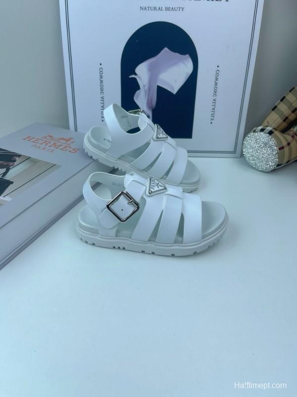 2025 Kids PRADA Black White Leather Sandals