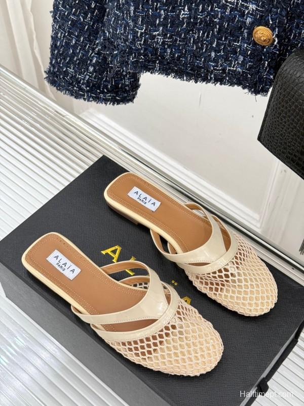 2025 Slippers AlAIA Beige Leather Mesh Slip-on KFY00260