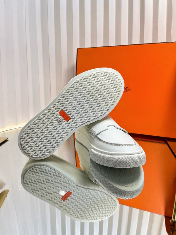 2025 Unisex Hermès White Leather Fabric Loafers LY00310(F)/LY00320(M)