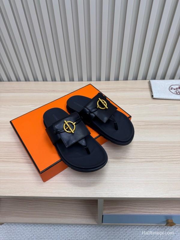 2025 Women Hermès Black Leather Slippers
