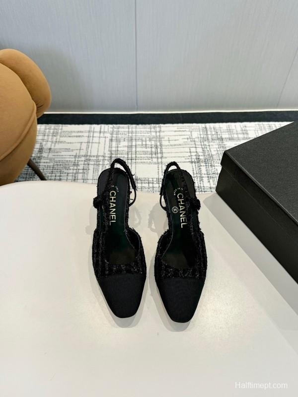 2025 Women Chanel Black Wool Leather Slingback Pumps