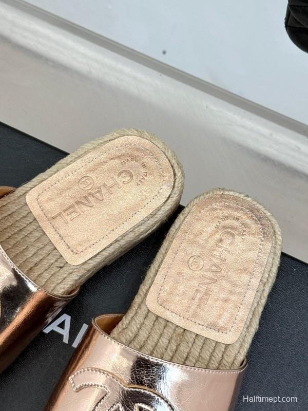 2025 Slippers Chanel Rose Gold Leather Women Espadrille Handmade KFY00230