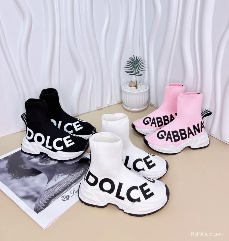 2024 Kids Dolce & Gabbana Black White Pink Knit Fabric Sneakers
