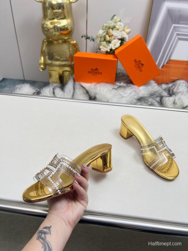 2025 Hermès Gold Leather Slippers MJ00180