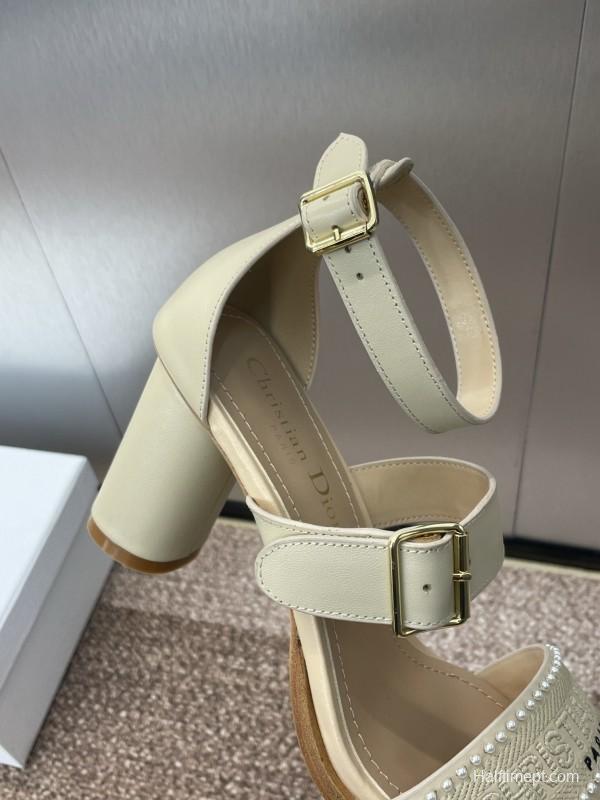 2025 Women Dior Beige Leather Sandals Ankle Strap KFY00320