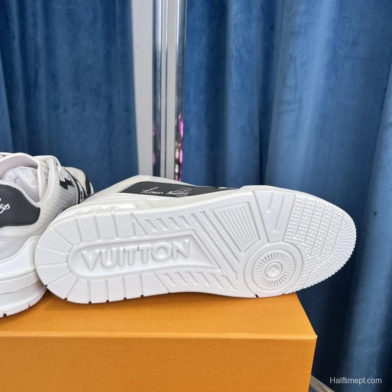 2025 Unisex Louis Vuitton White Black Calf Leather Sneakers LV Trainer