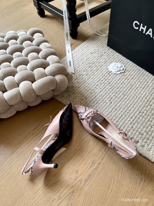 2025 Women Chanel Pink Python Leather Bow High Heels KFY00320