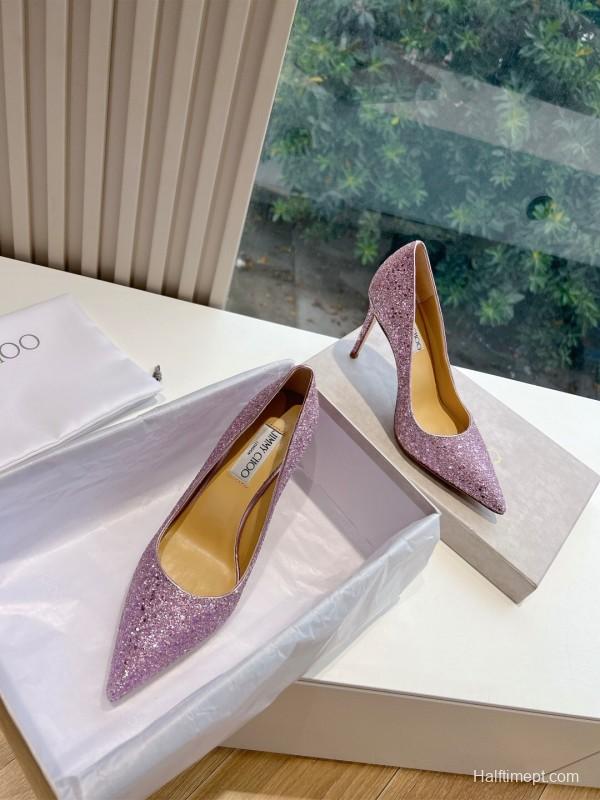 2025 Women Jimmy Choo Pink Glitter Leather Stiletto Pump