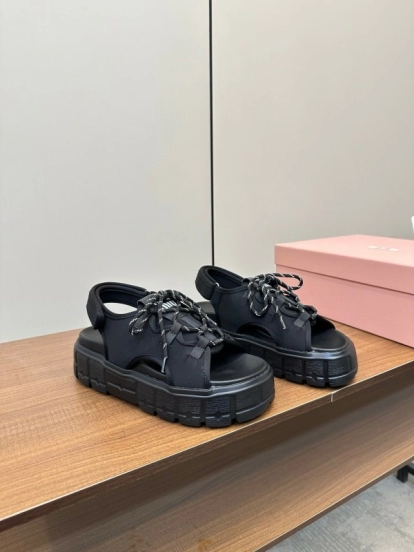 2025 Women Miu Miu Black Leather Sandals LY00240