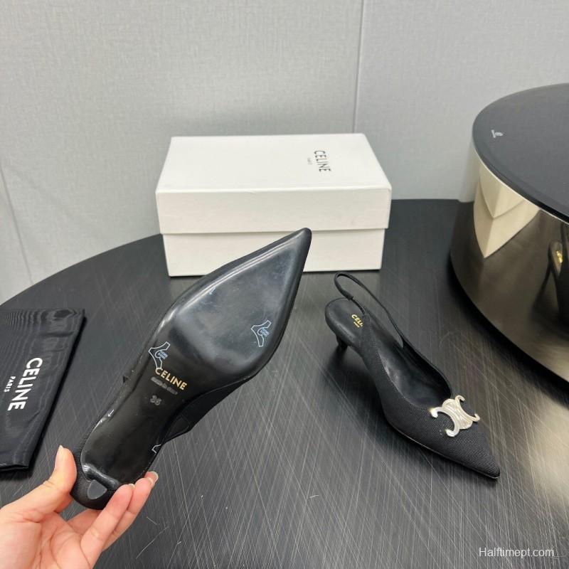 2025 Women Celine Black Fabric Leather Slingback Kitten Heels KFY00290