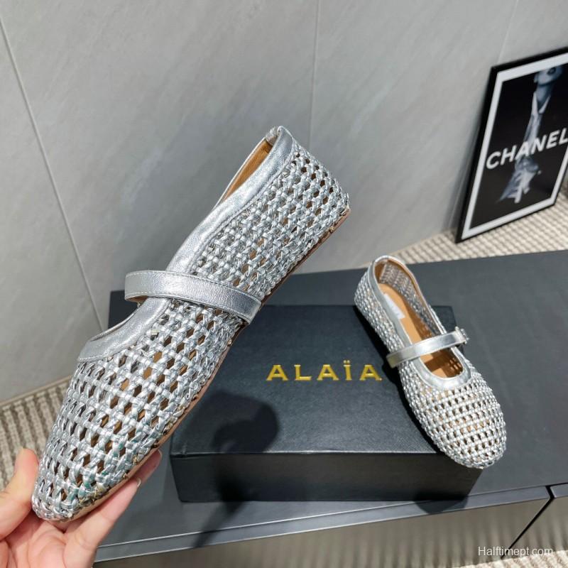 2025 Women Alaïa Silver Leather Woven Mary Jane Flats LY00360(F)