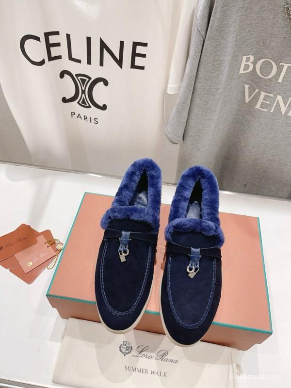 2024 Women LP Blue Suede Shearling Loafers MJ00300