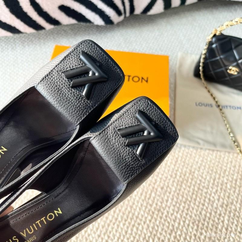 2024 Women Louis Vuitton Black Leather Slingback Heels