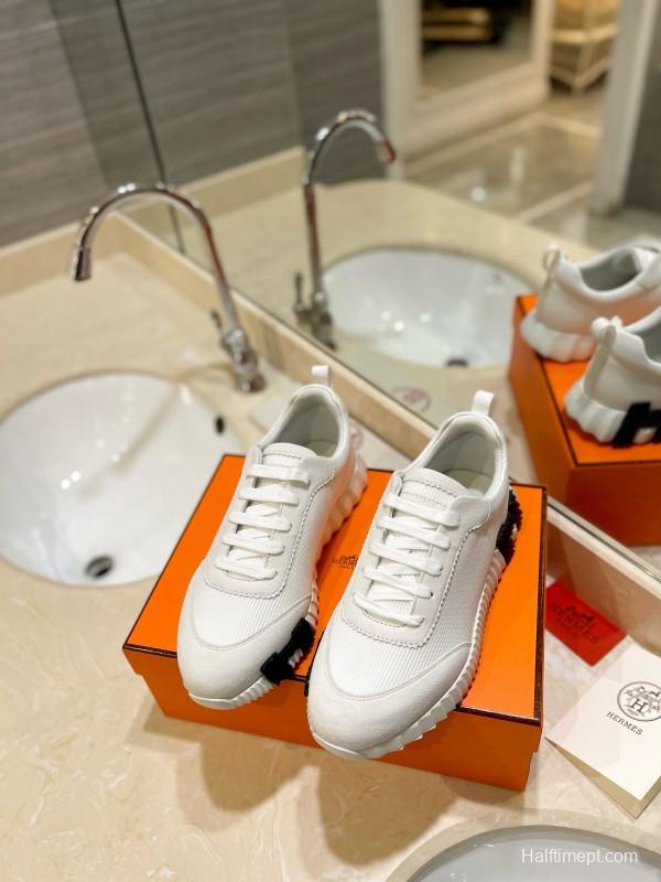 2024 Unisex Hermès White Black Imported Silk Lambskin Fabric Sneakers MJ00320