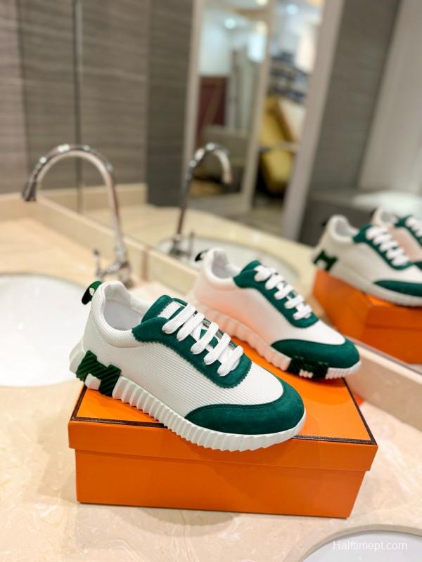 2024 Unisex Hermès White Green Mesh Suede Sneakers MJ00320